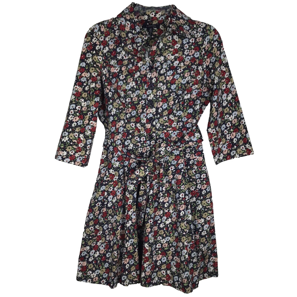 Lands End Shirtwaist Dress Fit & Flare 3/4 Sleeve Collar Floral Pockets 2 Petite